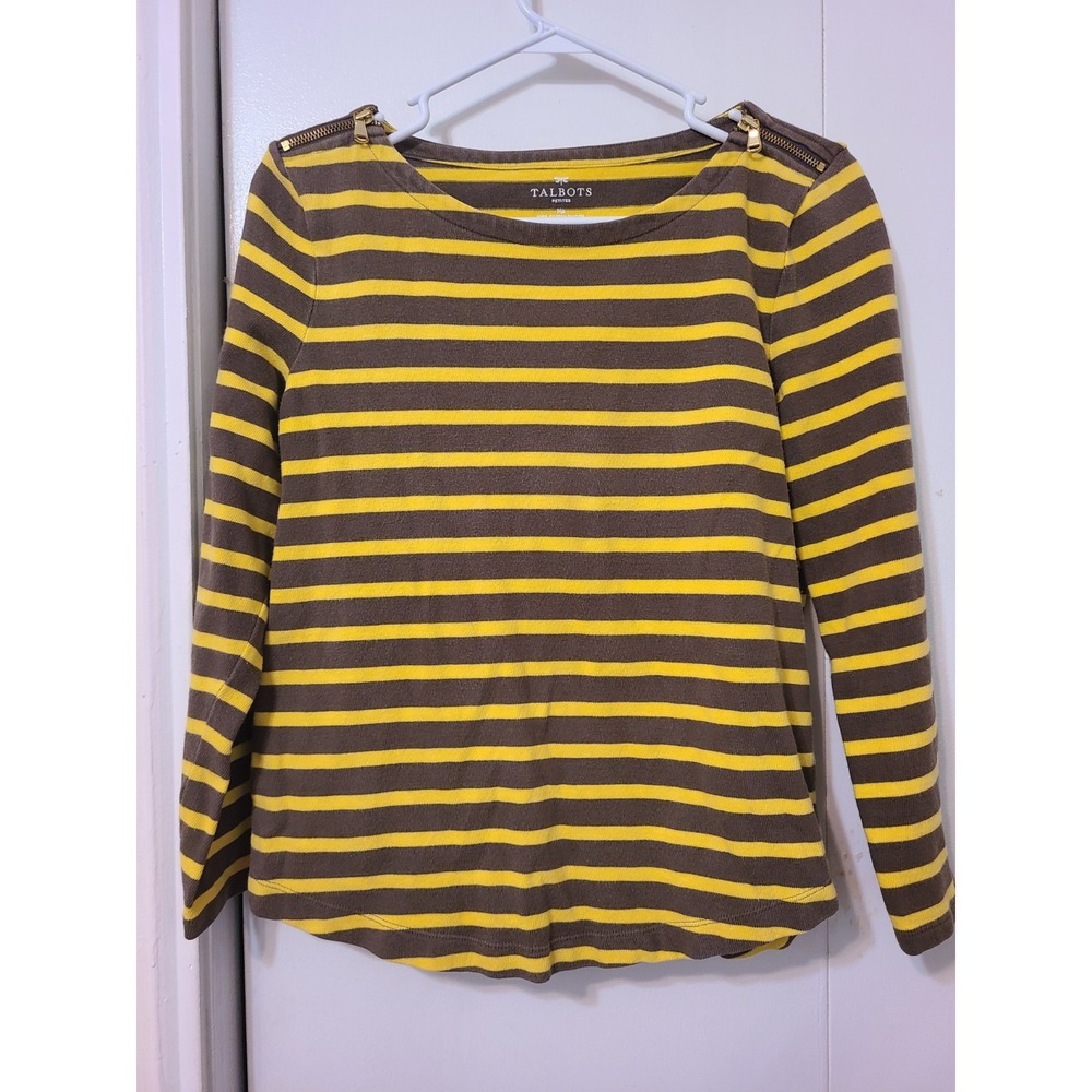 Talbots Top features Mustard Yellow and Brown, Gold  Zippers on the shoulders.